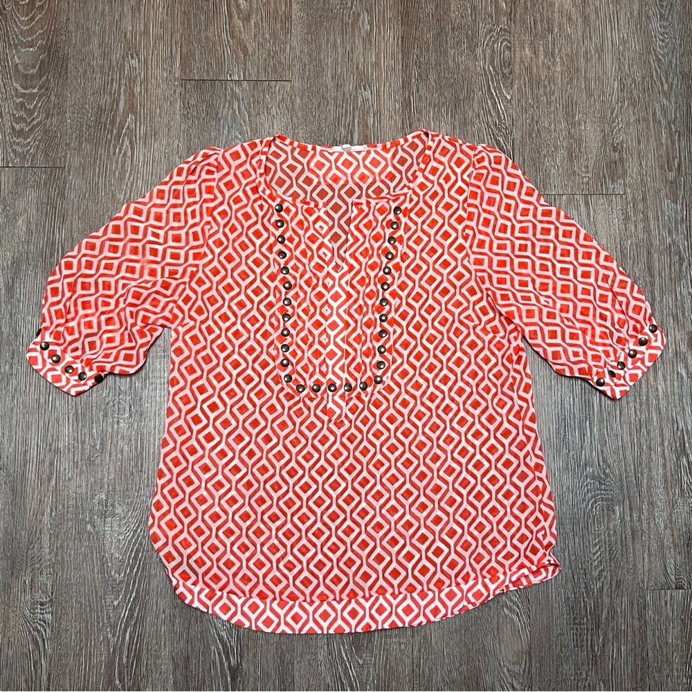 41 Hawthorn Geometric Print Blouse Orange White Stud 3/4 Sleeve | Size: M